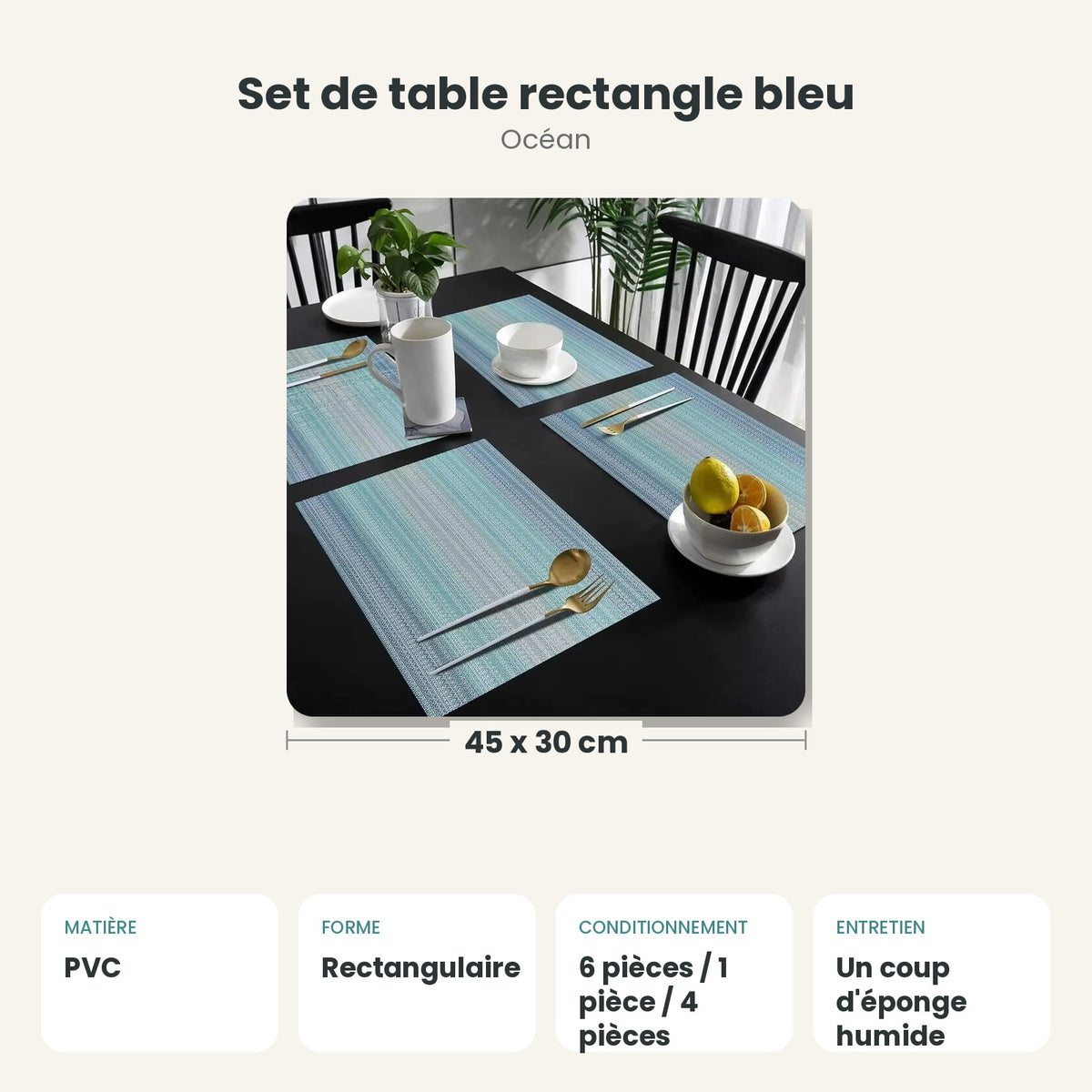 Dimensions et caractéristiques : Set de table rectangle bleu