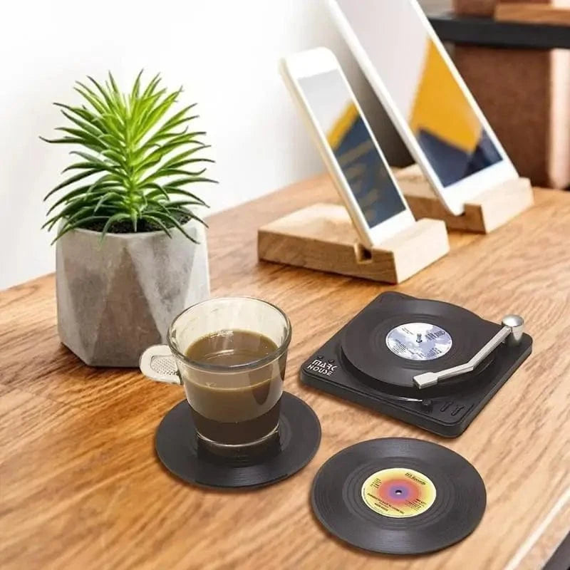 Disque vinyle en set de table | Dessous de verre | Joli Set de Table Lot de 6 pièces avec support / Diamètre 10.5cm