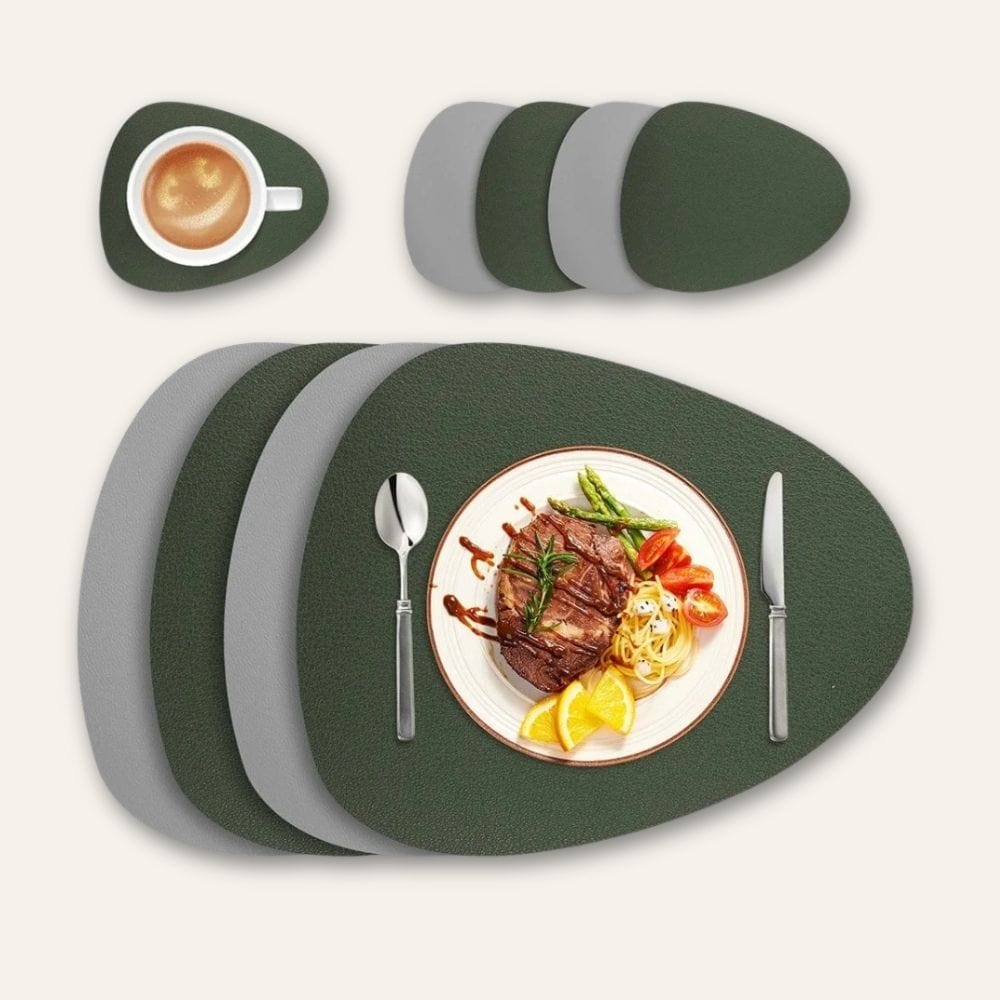 Set de table aspect cuir | Double couleur | Joli Set de Table Gris/Vert / 36x45cm / Lot de 4 pièces