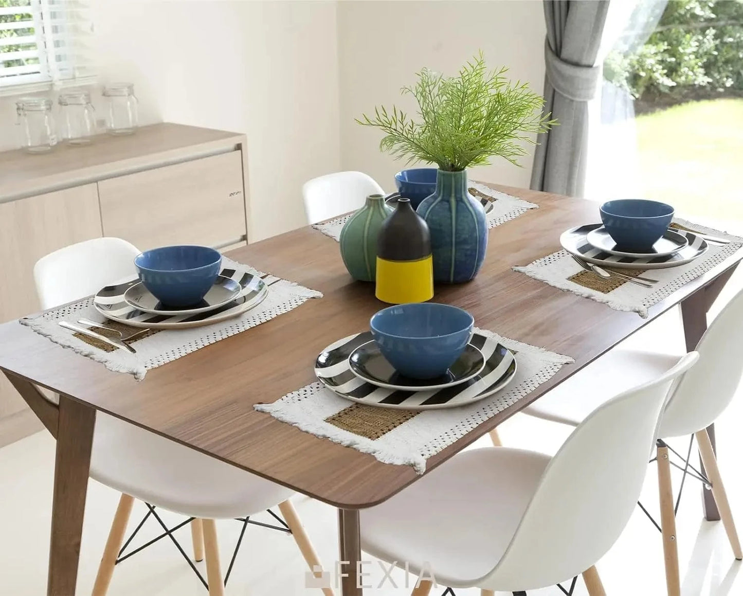 Set de table en lin blanc | Bande azur | Joli Set de Table