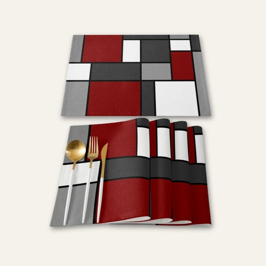 Set de table en lin de couleur | Motifs géométriques | Joli Set de Table Rouge / 32x42cm / Lot de 4 pièces