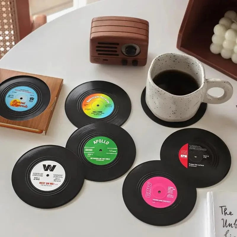 Set de table imitation disque vinyle | Dessous de verre | Joli Set de Table Lot de 6 pièces / Diamètre 10.5cm