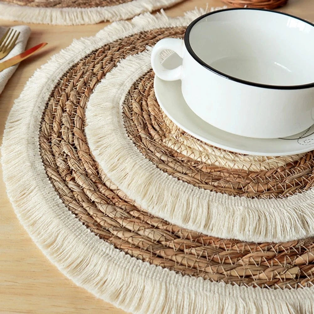 Set de table paille tressée | Franges blanches | Joli Set de Table