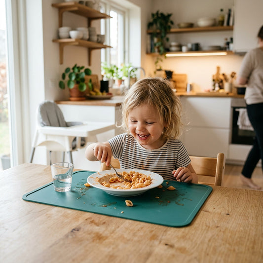 Enfant qui mange sur un set de table en silicone qui protège la table