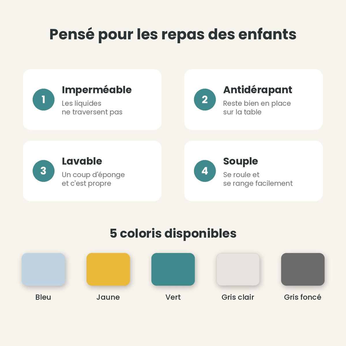 Avantages du set de table enfant silicone : imperméable, antidérapant, lavable, souple, 5 coloris