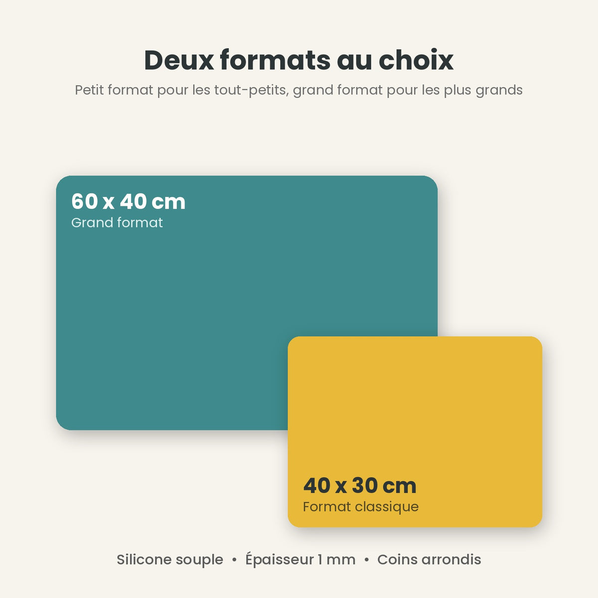 Dimensions du set de table enfant silicone : 40 x 30 cm et 60 x 40 cm