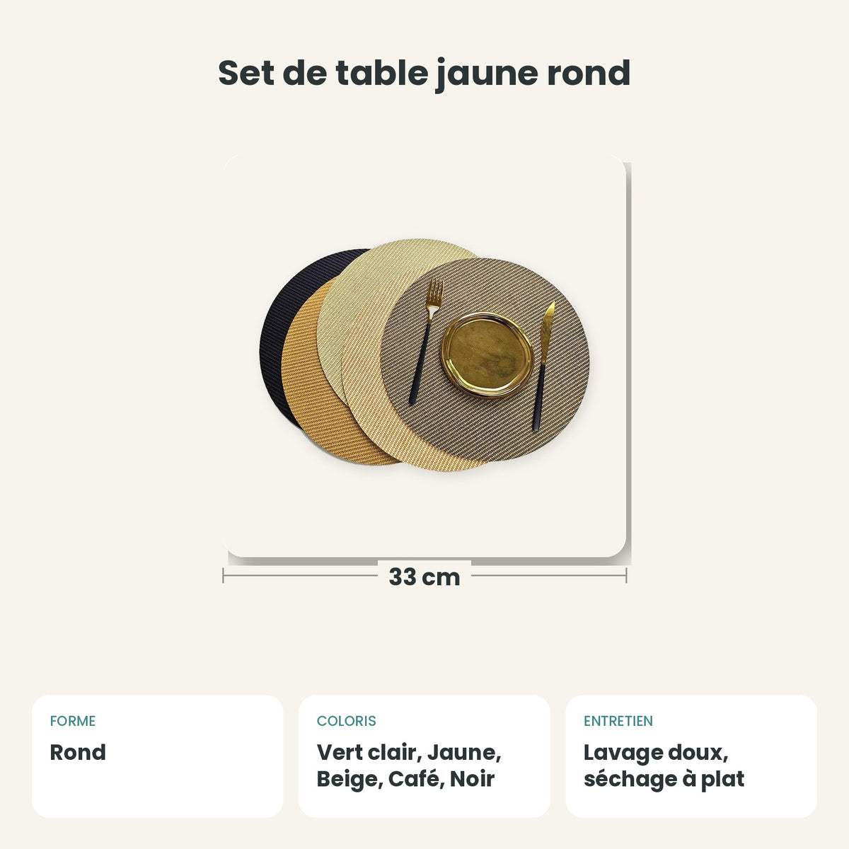 Dimensions et caractéristiques : Set de table jaune rond