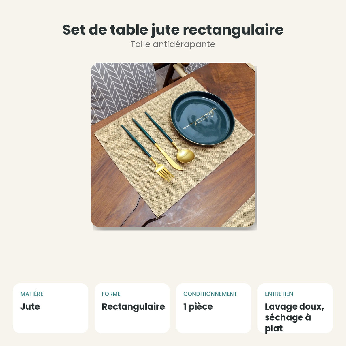 Dimensions et caractéristiques : Set de table jute rectangulaire