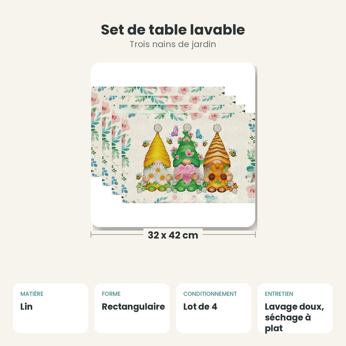 Dimensions et caractéristiques : Set de table lavable