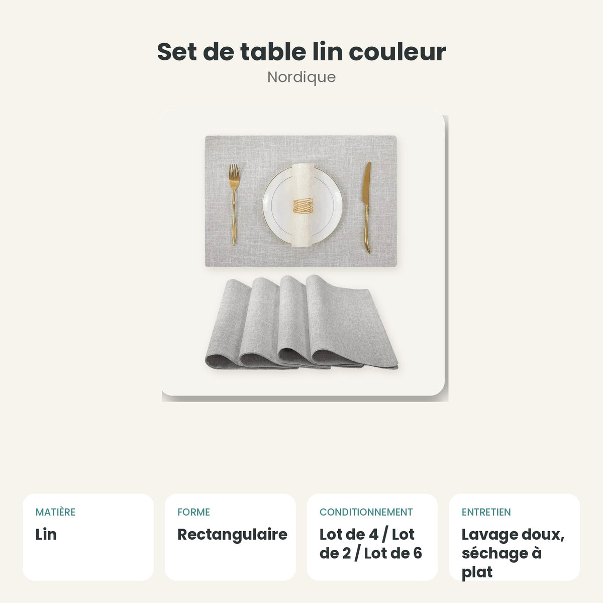 Dimensions et caractéristiques : Set de table lin couleur