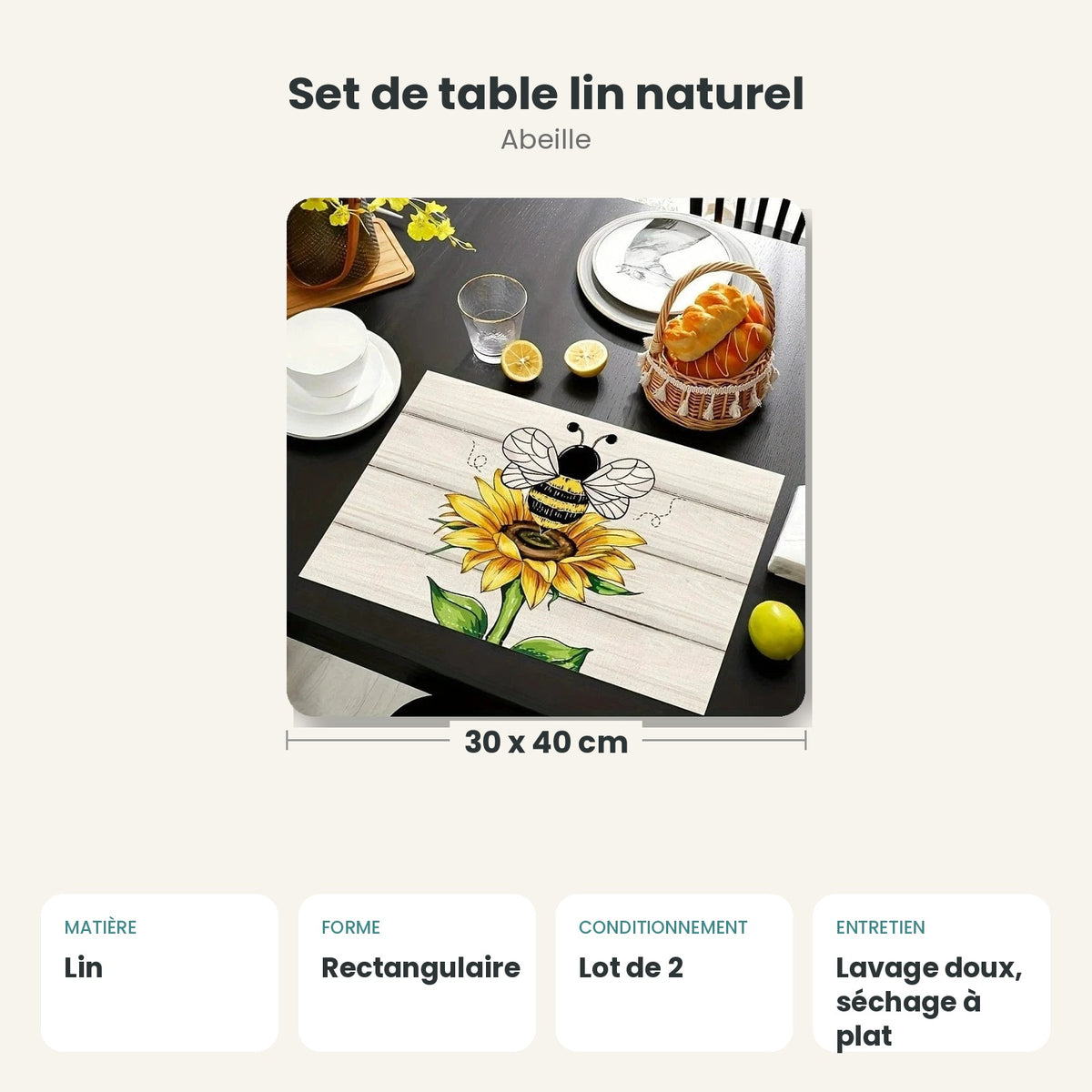 Dimensions et caractéristiques : Set de table lin naturel