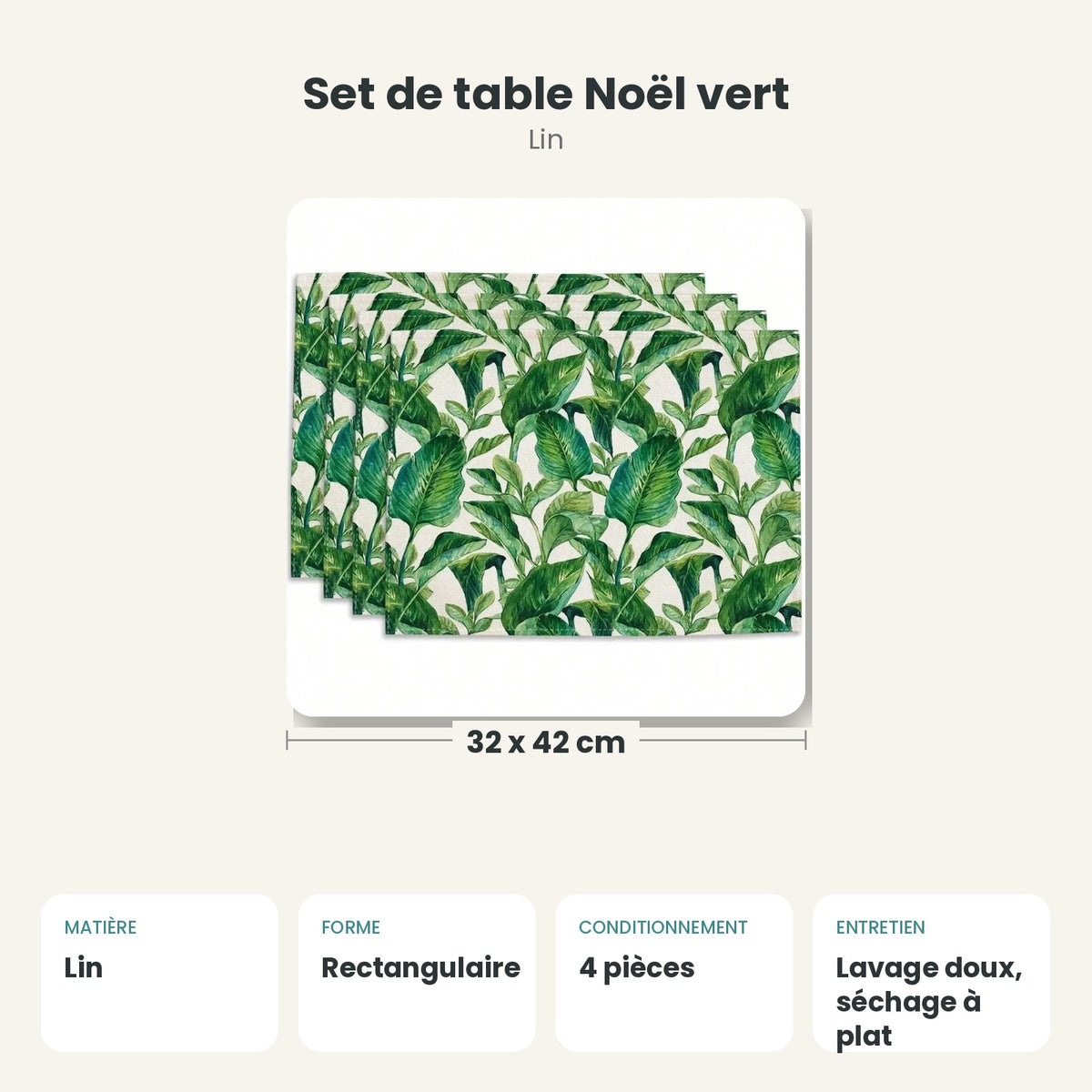Dimensions et caractéristiques : Set de table Noël vert