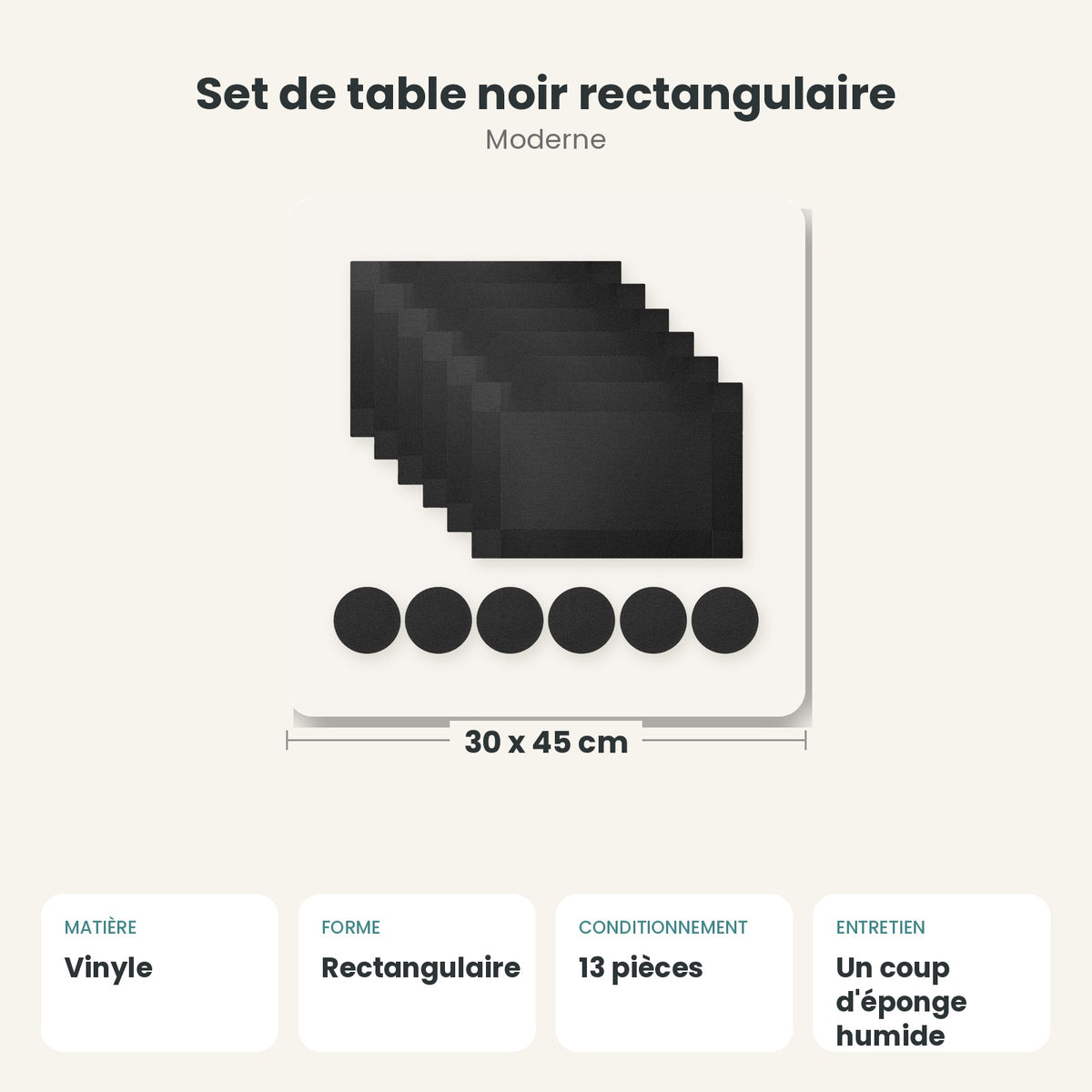 Dimensions et caractéristiques : Set de table noir rectangulaire