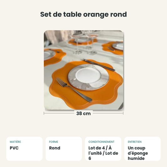 Dimensions et caractéristiques : Set de table orange rond