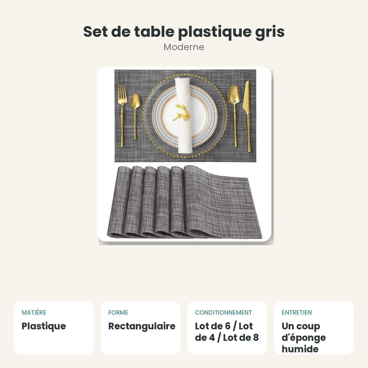 Dimensions et caractéristiques : Set de table plastique gris