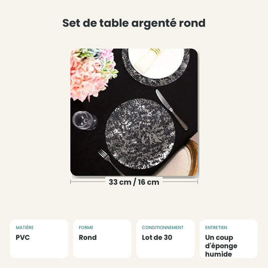 Dimensions et caractéristiques : Set de table argenté rond