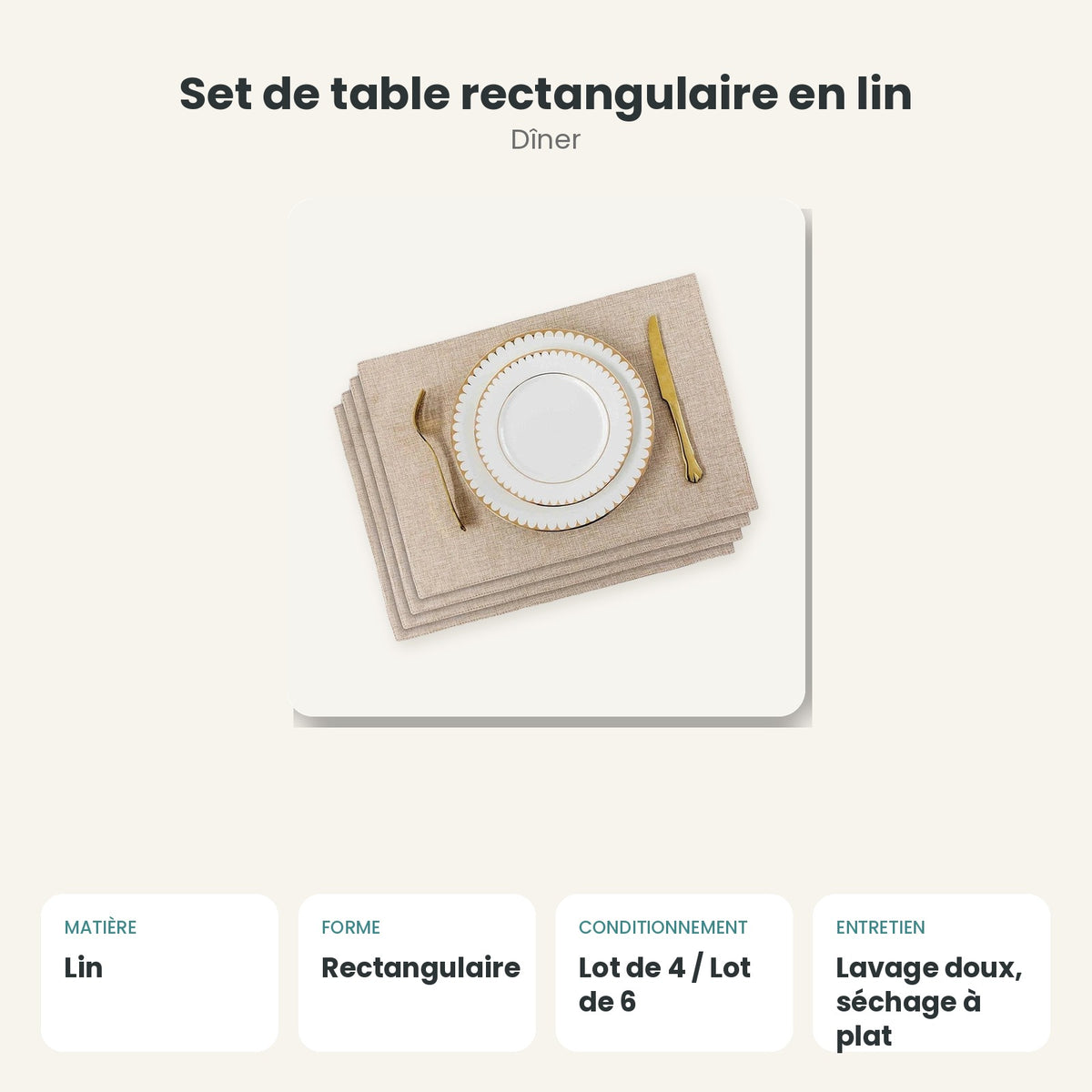 Dimensions et caractéristiques : Set de table rectangulaire en lin