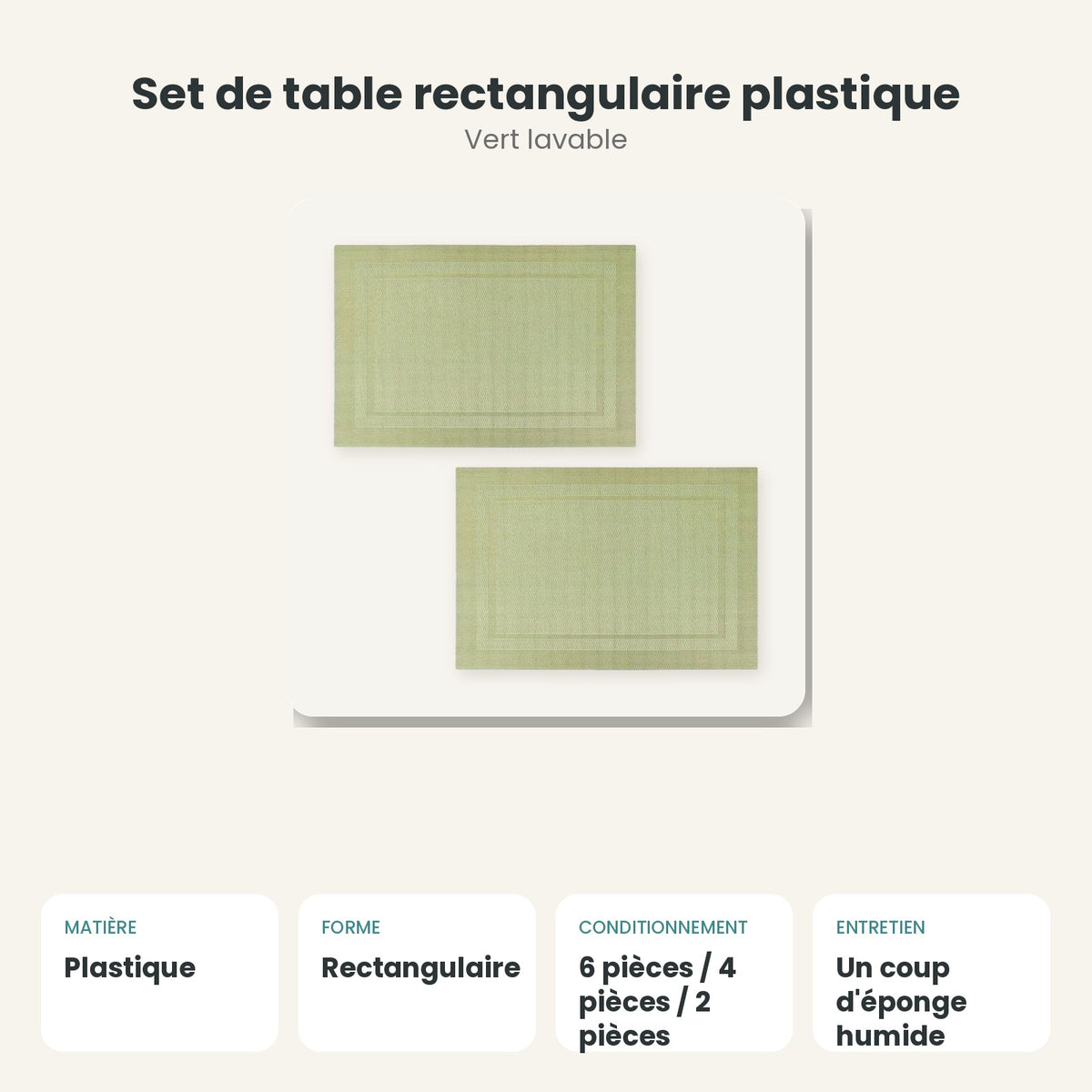 Dimensions et caractéristiques : Set de table rectangulaire plastique