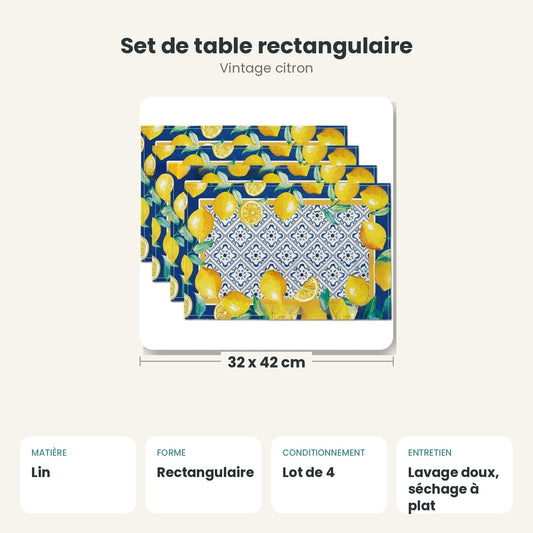 Dimensions et caractéristiques : Set de table rectangulaire