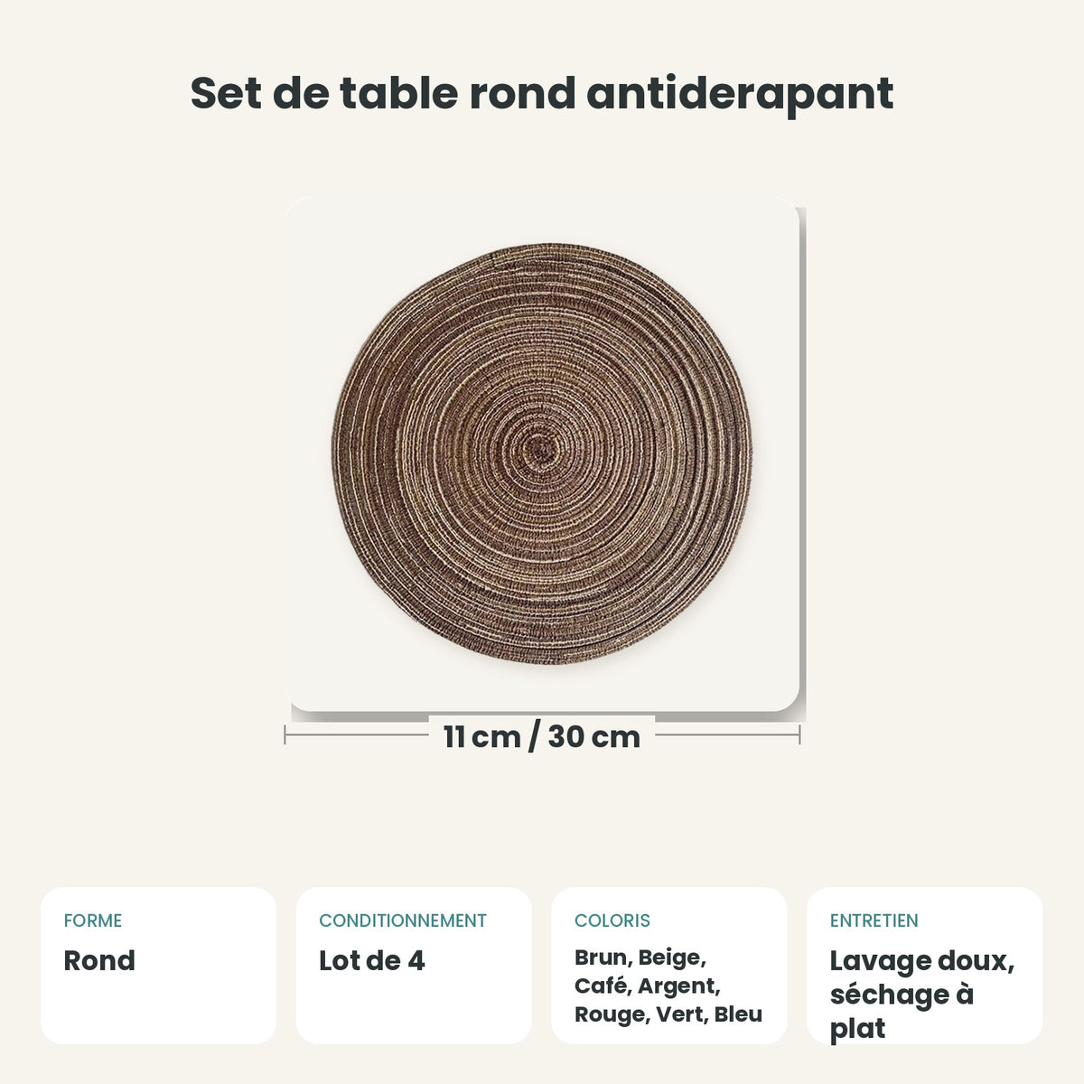 Dimensions et caractéristiques : Set de table rond antiderapant