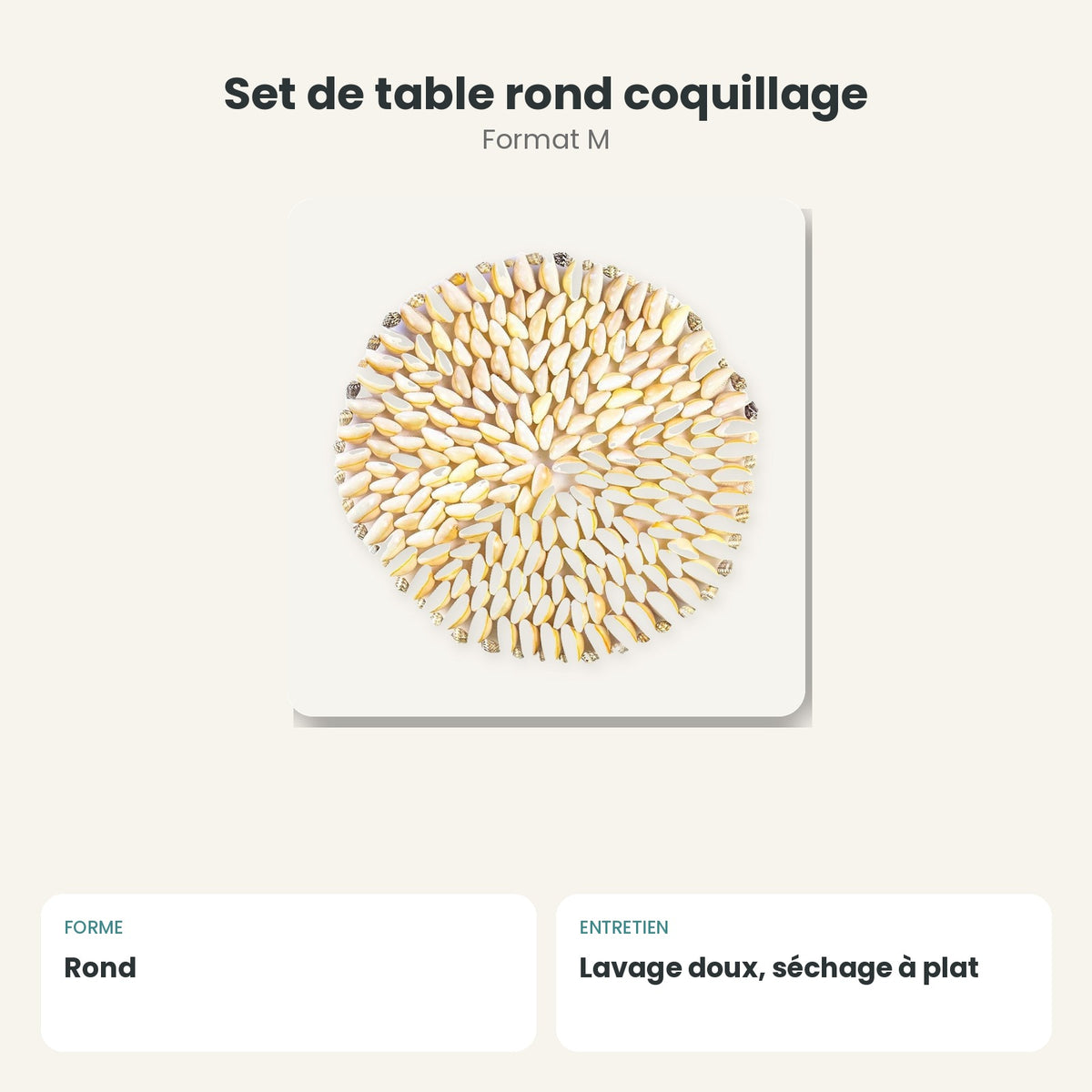 Dimensions et caractéristiques : Set de table rond coquillage