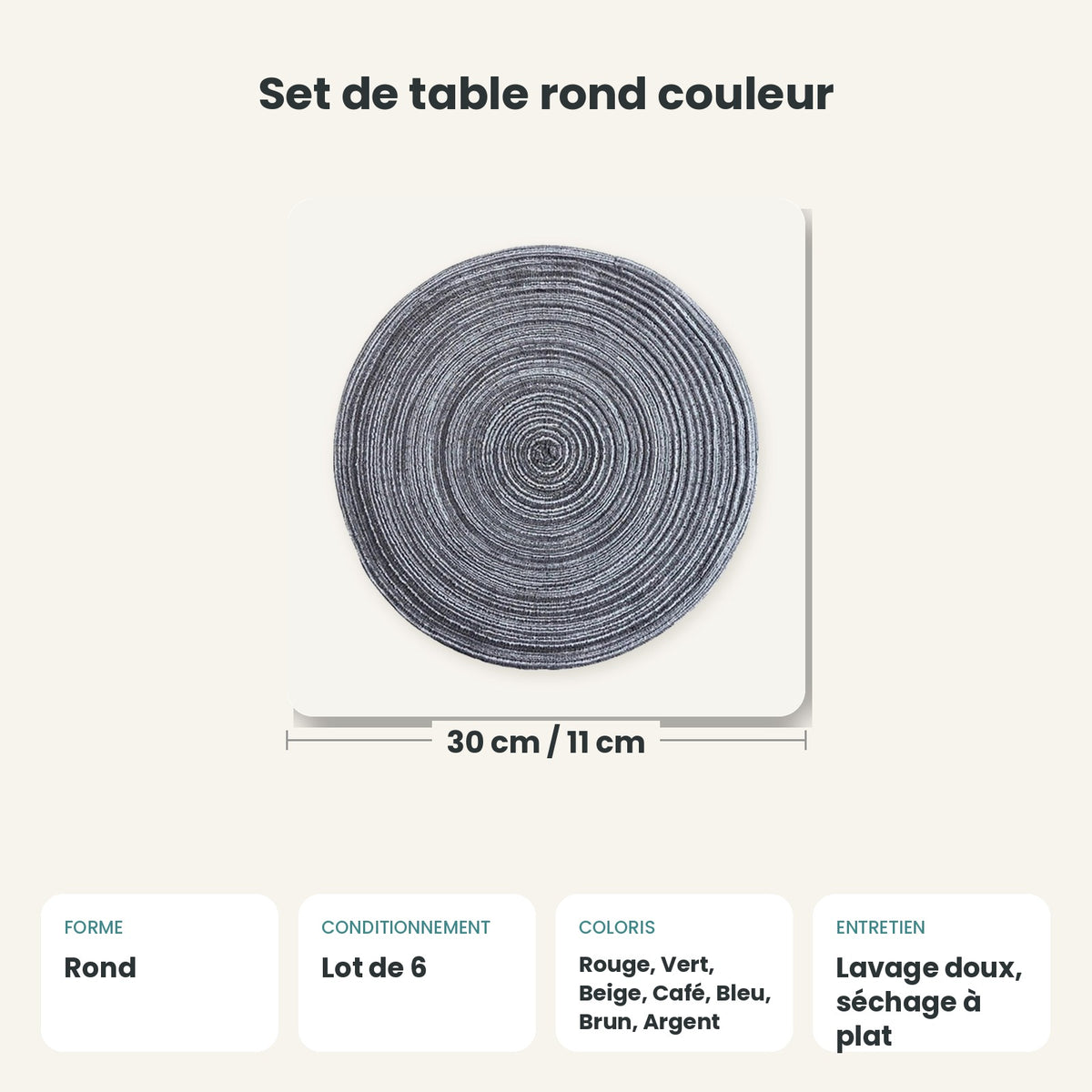 Dimensions et caractéristiques : Set de table rond couleur