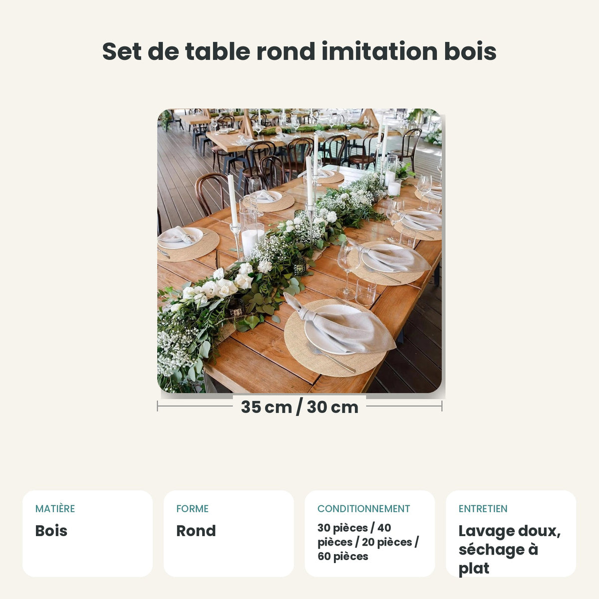 Dimensions et caractéristiques : Set de table rond imitation bois