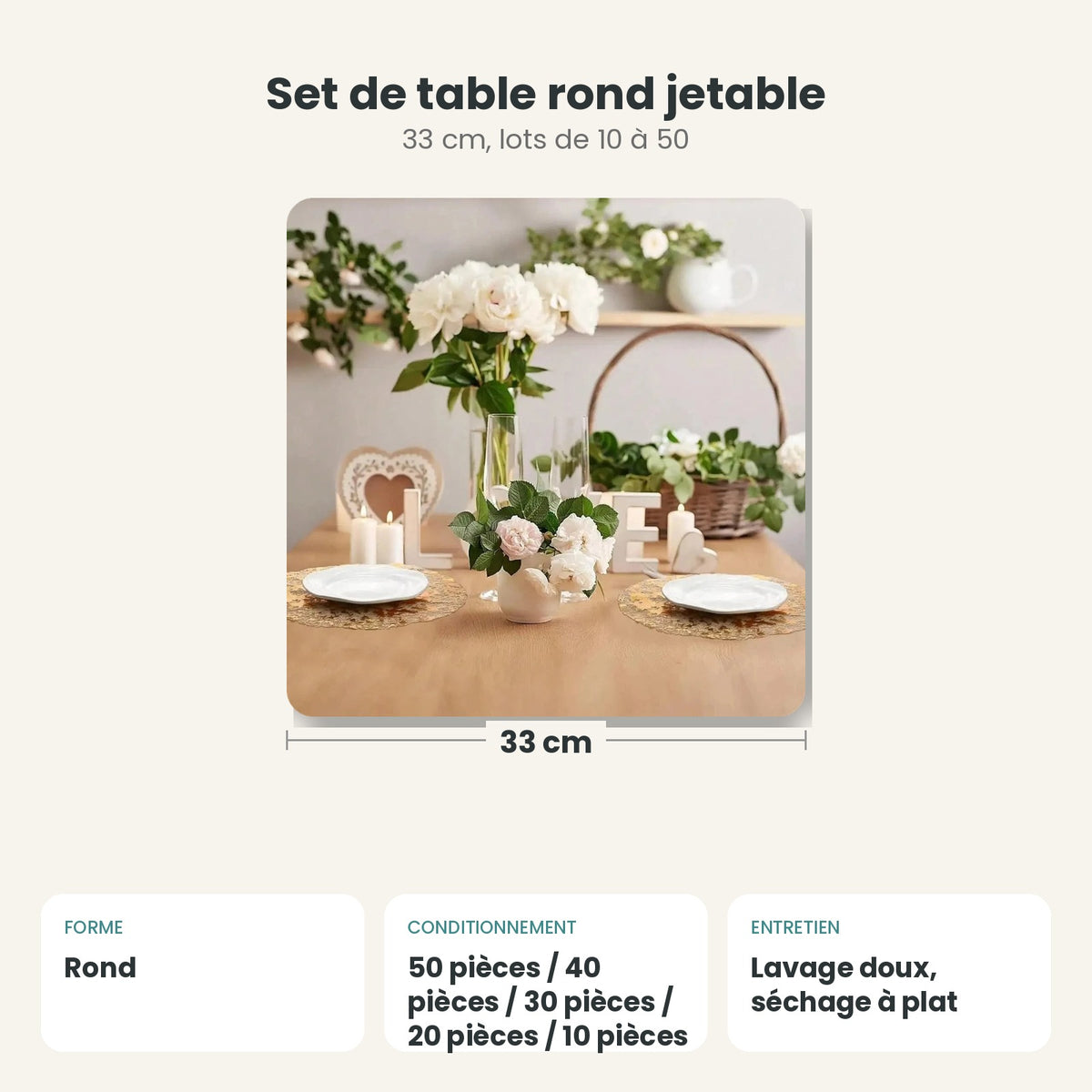 Dimensions et caractéristiques : Set de table rond jetable