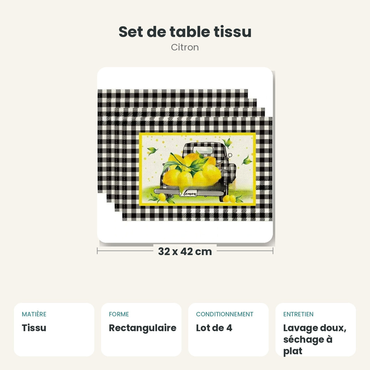 Dimensions et caractéristiques : Set de table tissu