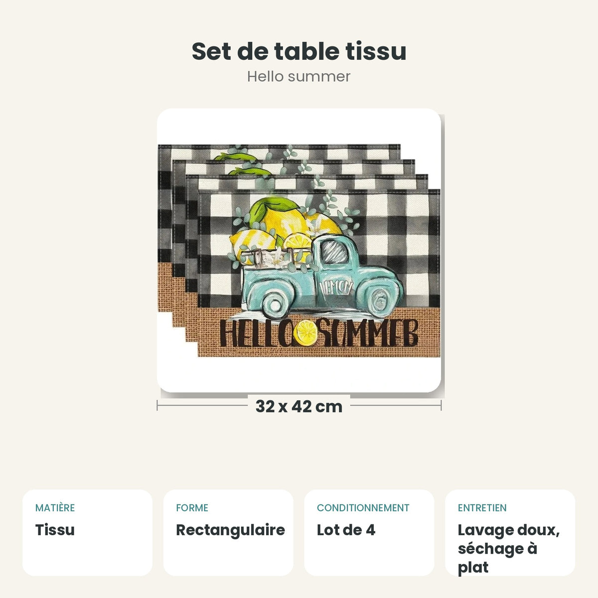 Dimensions et caractéristiques : Set de table tissu