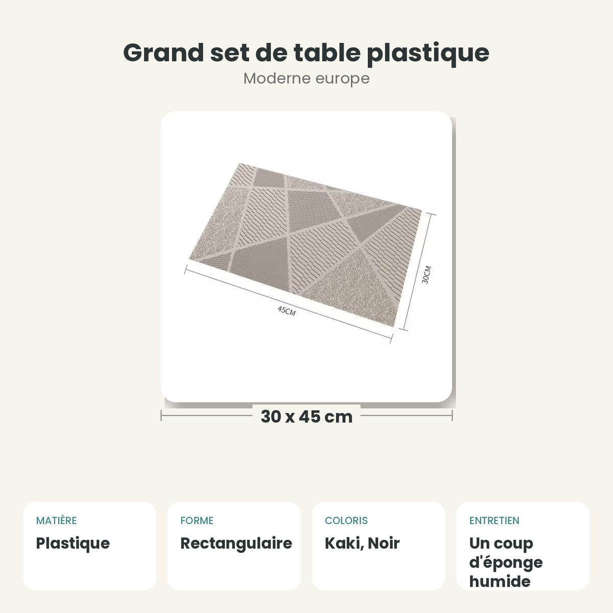 Dimensions et caractéristiques : Grand set de table plastique