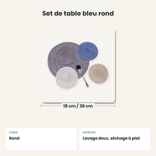 Dimensions et caractéristiques : Set de table bleu rond