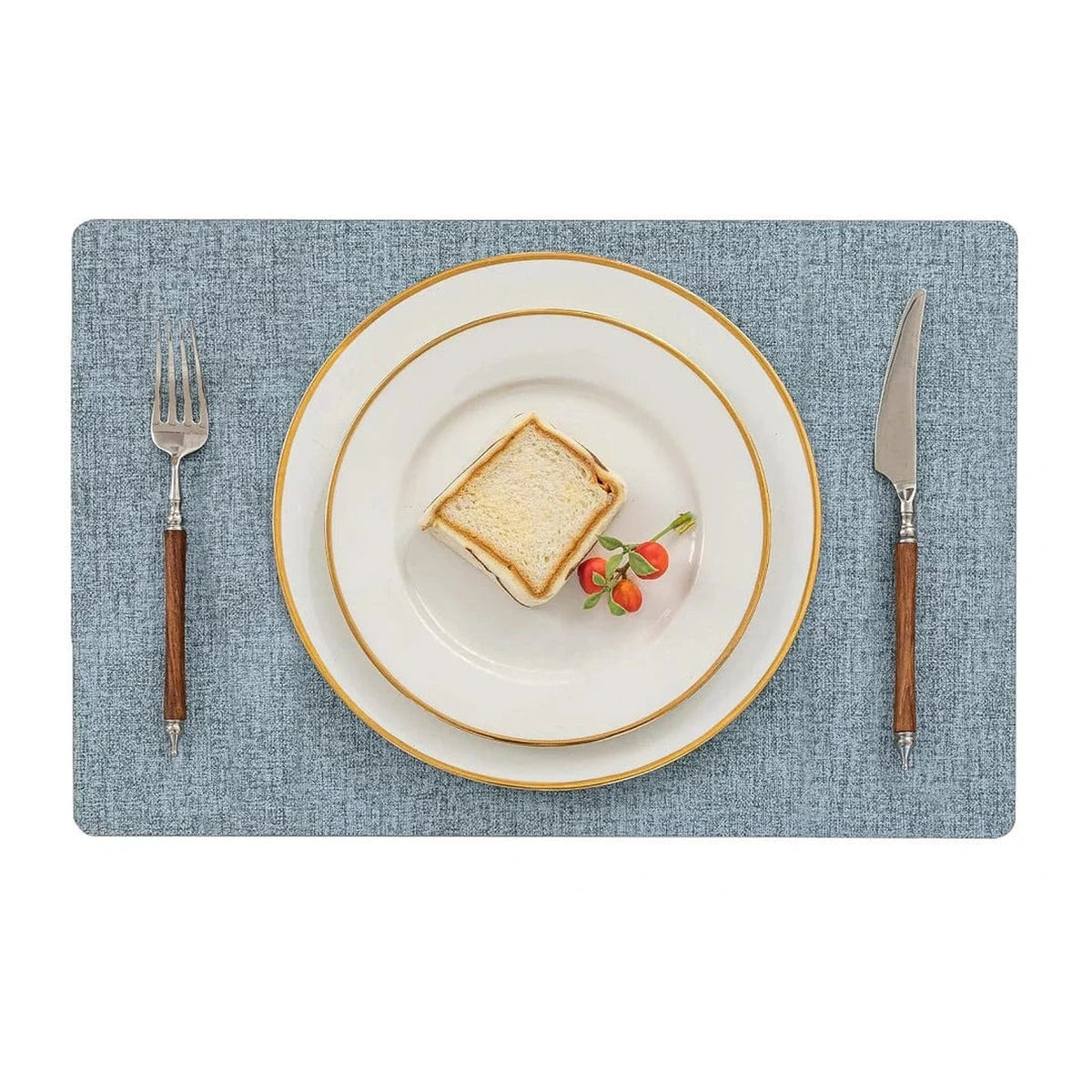 Set de table imitation cuir bleu 43 x 30 cm avec assiette et couverts
