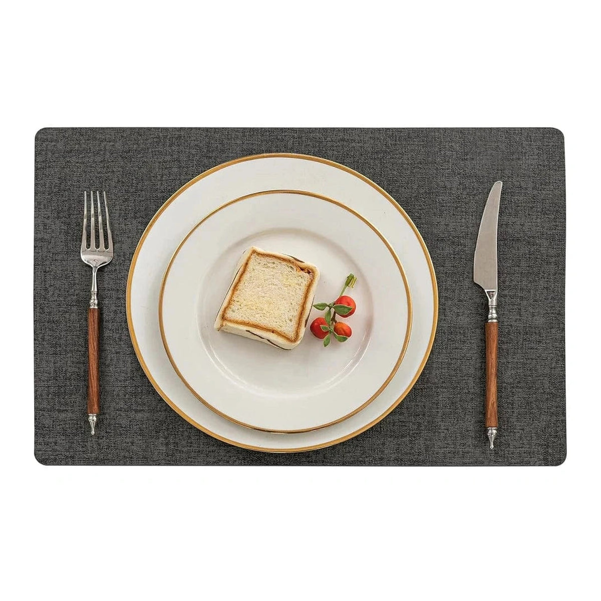 Set de table imitation cuir noir 43 x 30 cm avec assiette et couverts