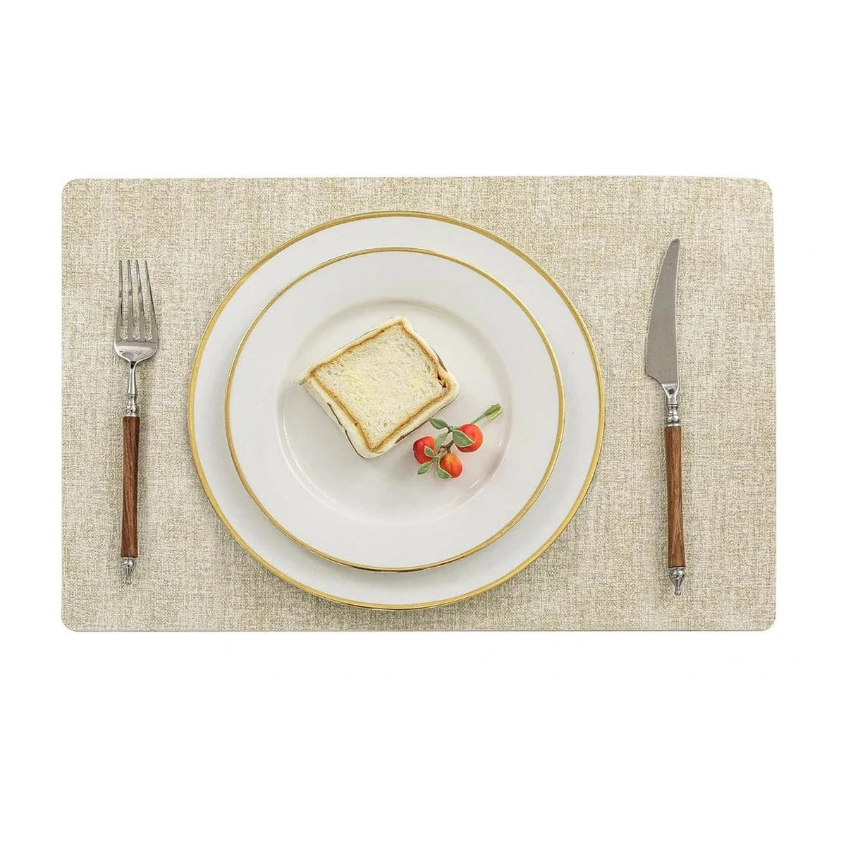 Set de table imitation cuir beige 43 x 30 cm avec assiette et couverts