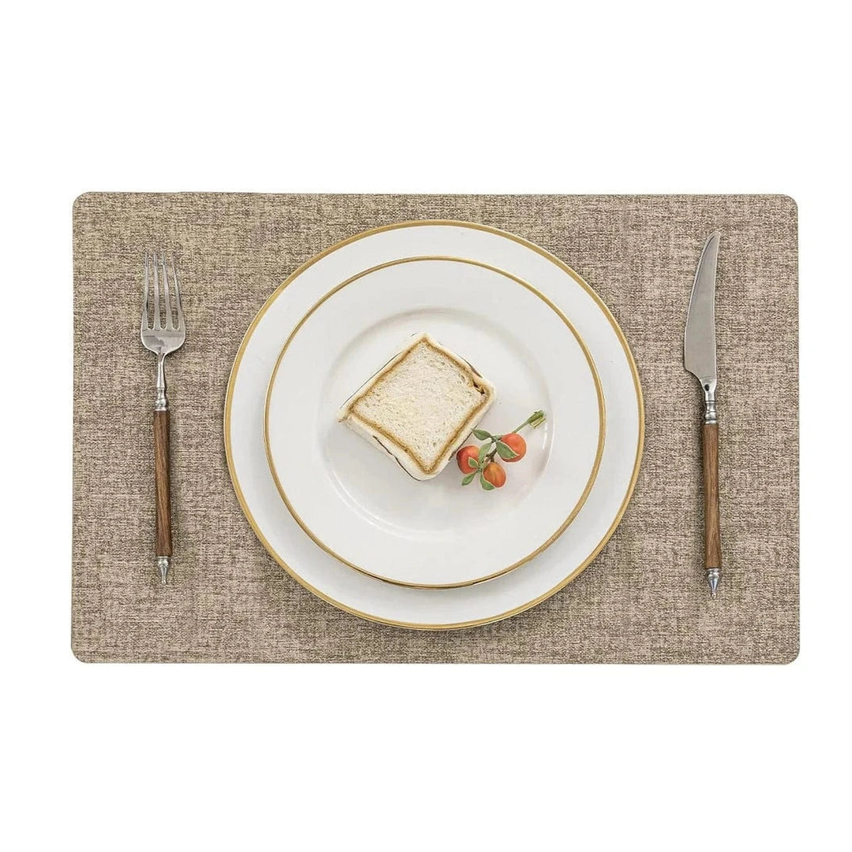 Set de table imitation cuir kaki 43 x 30 cm avec assiette et couverts