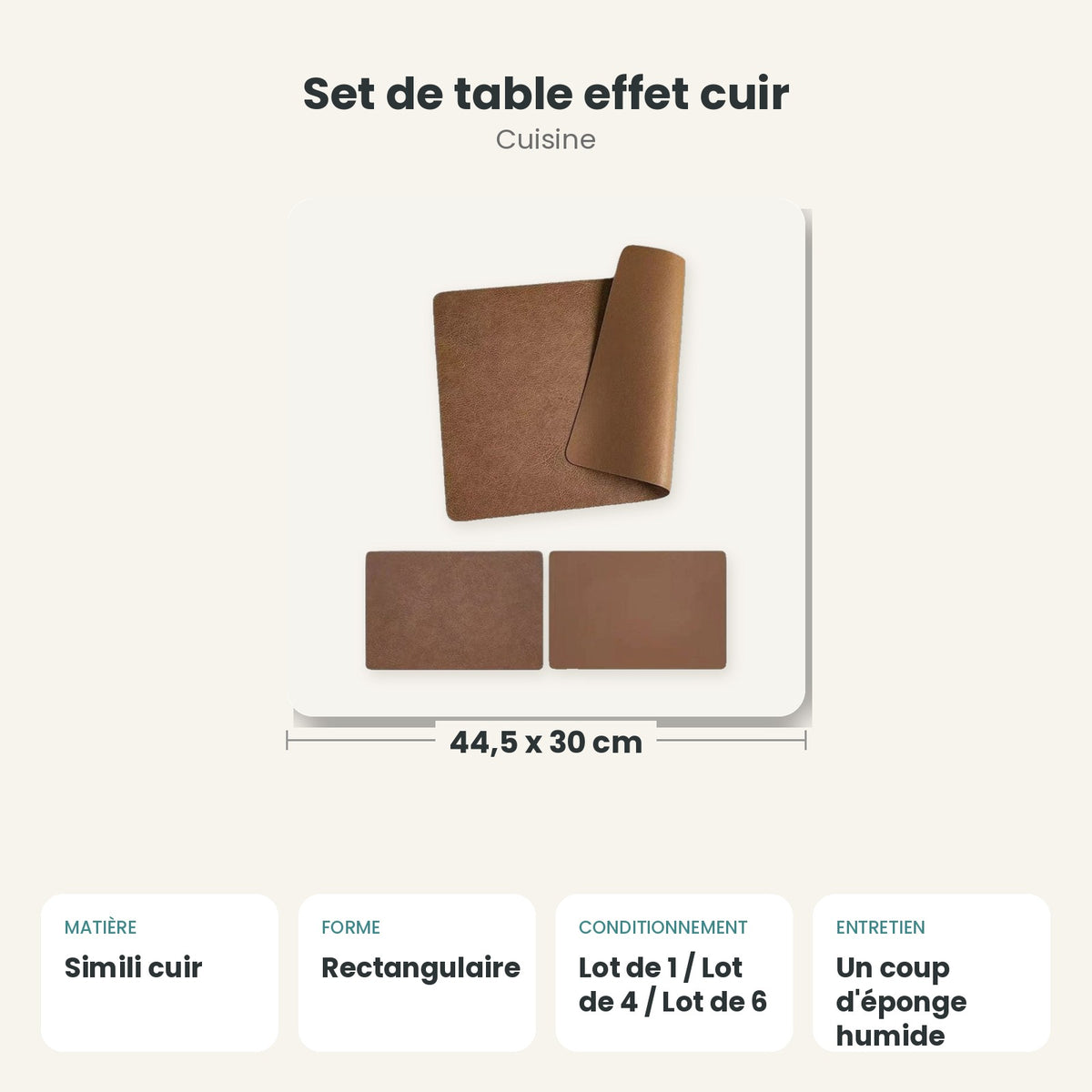 Dimensions et caractéristiques : Set de table effet cuir
