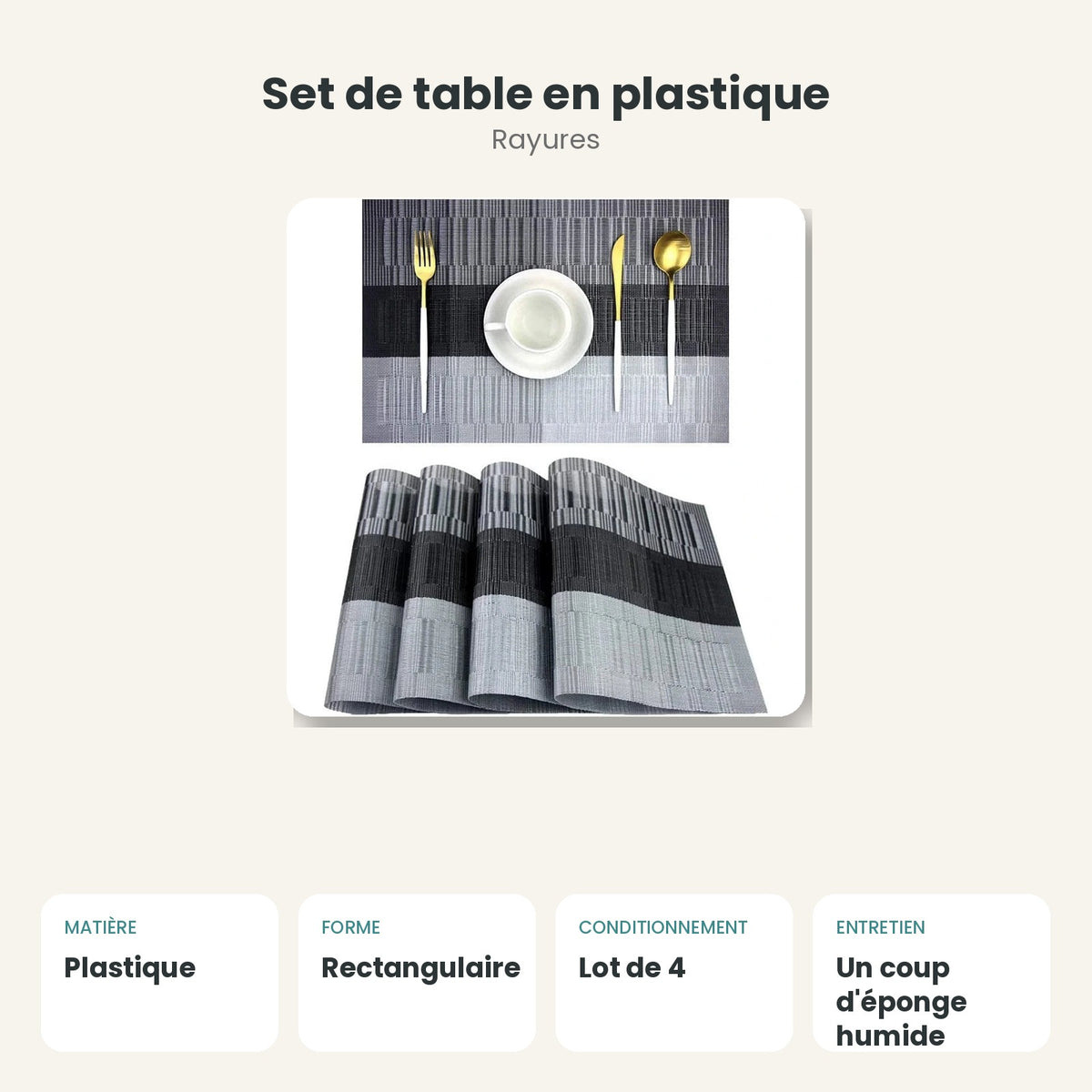 Dimensions et caractéristiques : Set de table en plastique