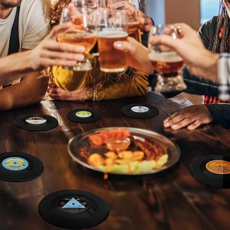 Disque vinyle en set de table | Dessous de verre | Joli Set de Table Lot de 6 pièces avec support / Diamètre 10.5cm