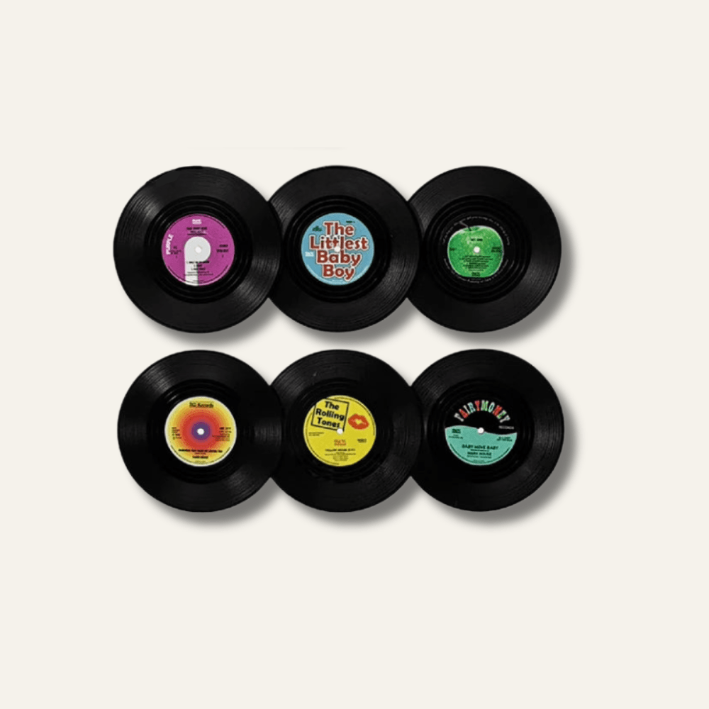 Disque vinyle en set de table | Dessous de verre | Joli Set de Table Lot de 6 pièces avec support / Diamètre 10.5cm