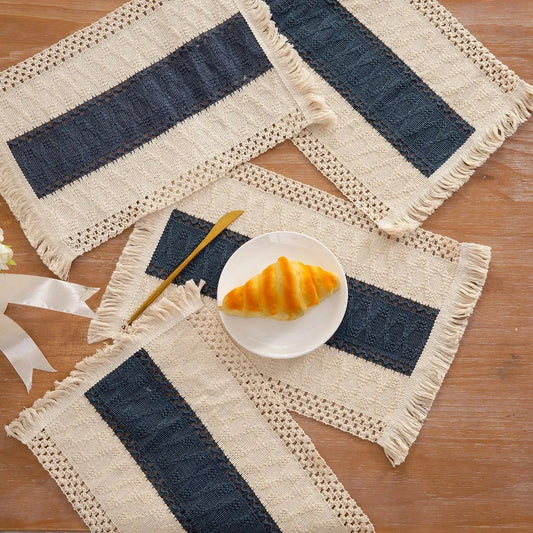 Set de table en lin blanc | Bande azur | Joli Set de Table Style 06 / 6pcs 30X50cm