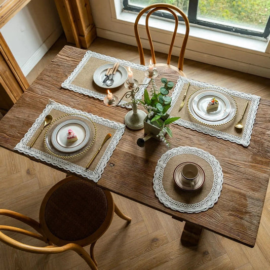 Set de table lin et dentelle | Contour | Joli Set de Table Dentelle large en jute / 38cm