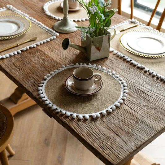 Set de table rond lin | Contour boule | Joli Set de Table Boule de poils de jute / 30x45cm